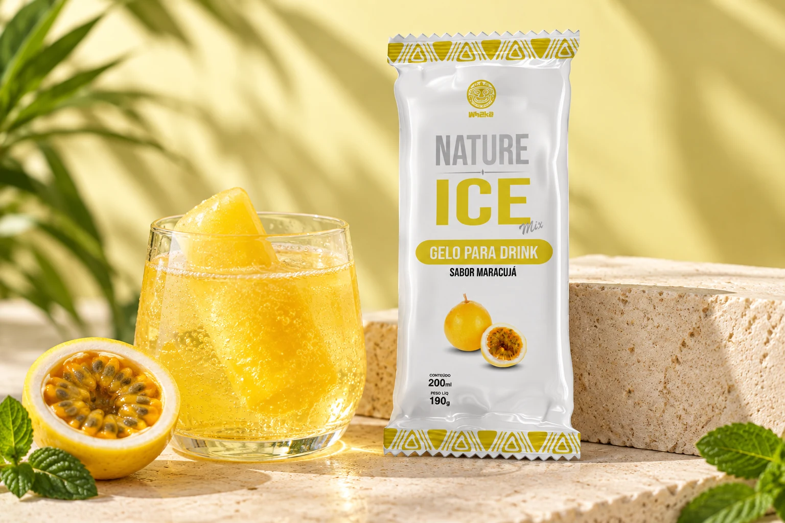 Nature ICE Maracujá ao lado de um drink amarelo sem álcool e metade de um maracujá