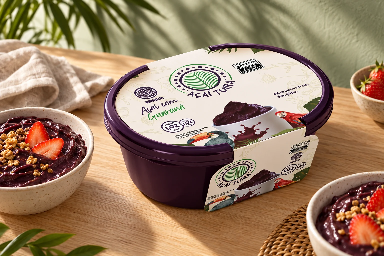 Embalagem oval de Açaí Tuíra em uma mesa clara com duas sugestões de porções para compartilhar