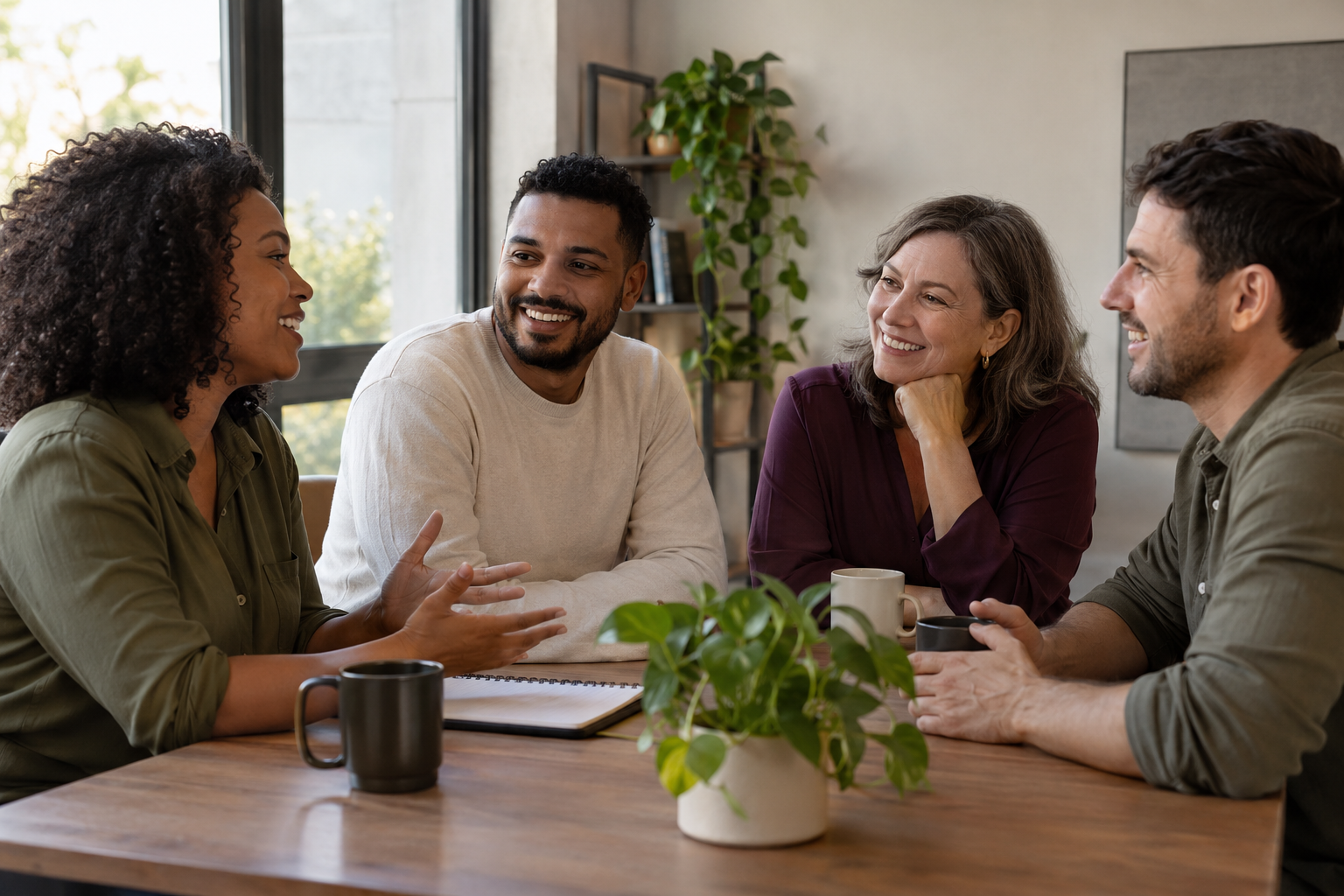 Imagem ilustrativa de quatro pessoas diversas conversando em um ambiente de trabalho.