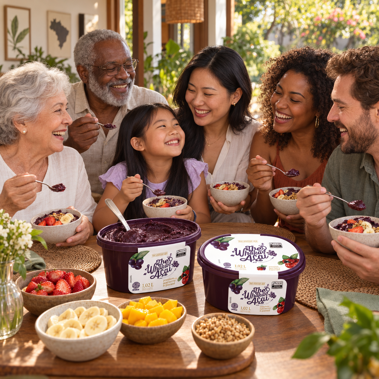 Família e amigos de diferentes gerações compartilham açaí de sobremesa, com frutas e dois potes The Whaka de 1,02 L à mesa.