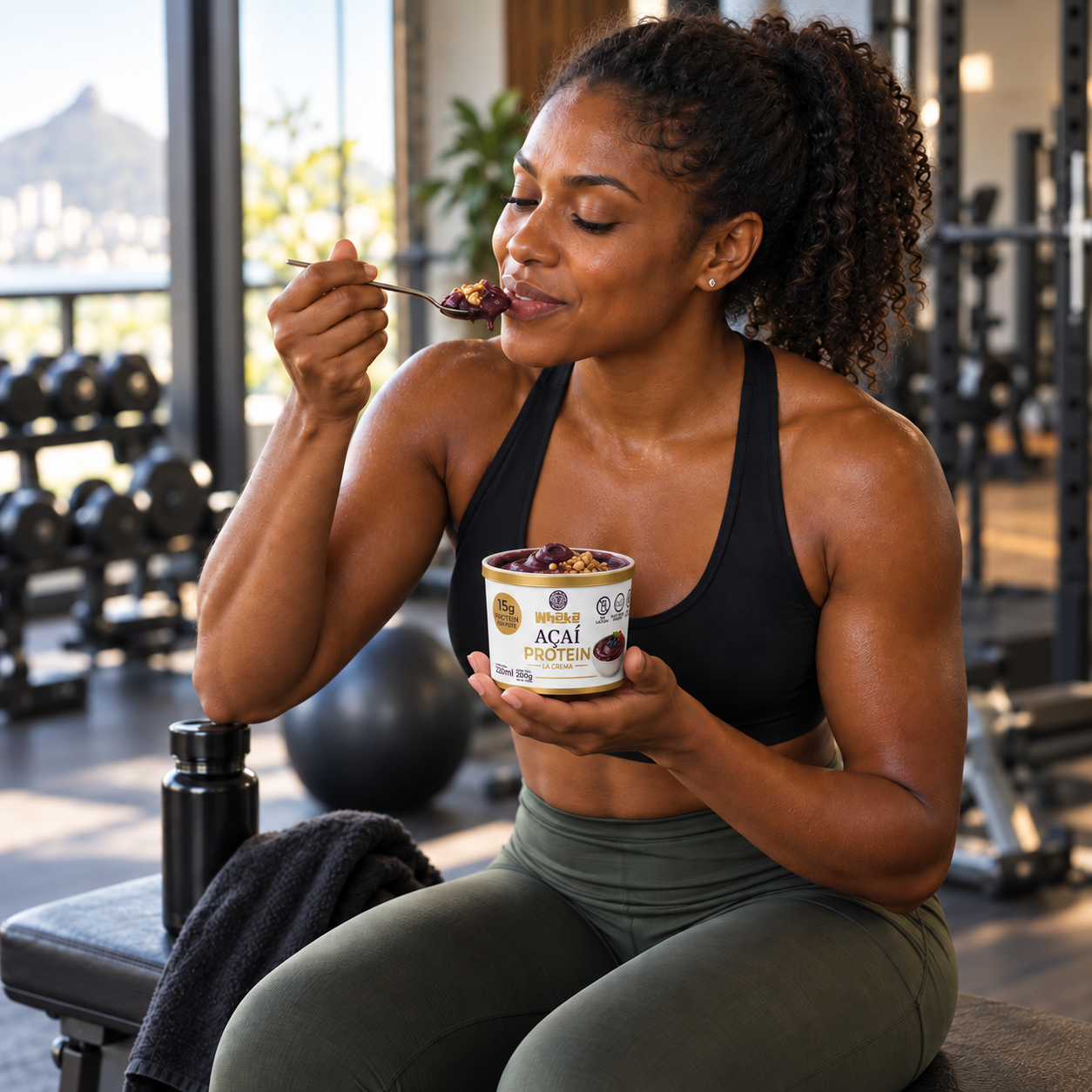 Mulher na academia saboreando Whaka Protein no pote individual de 220 ml.