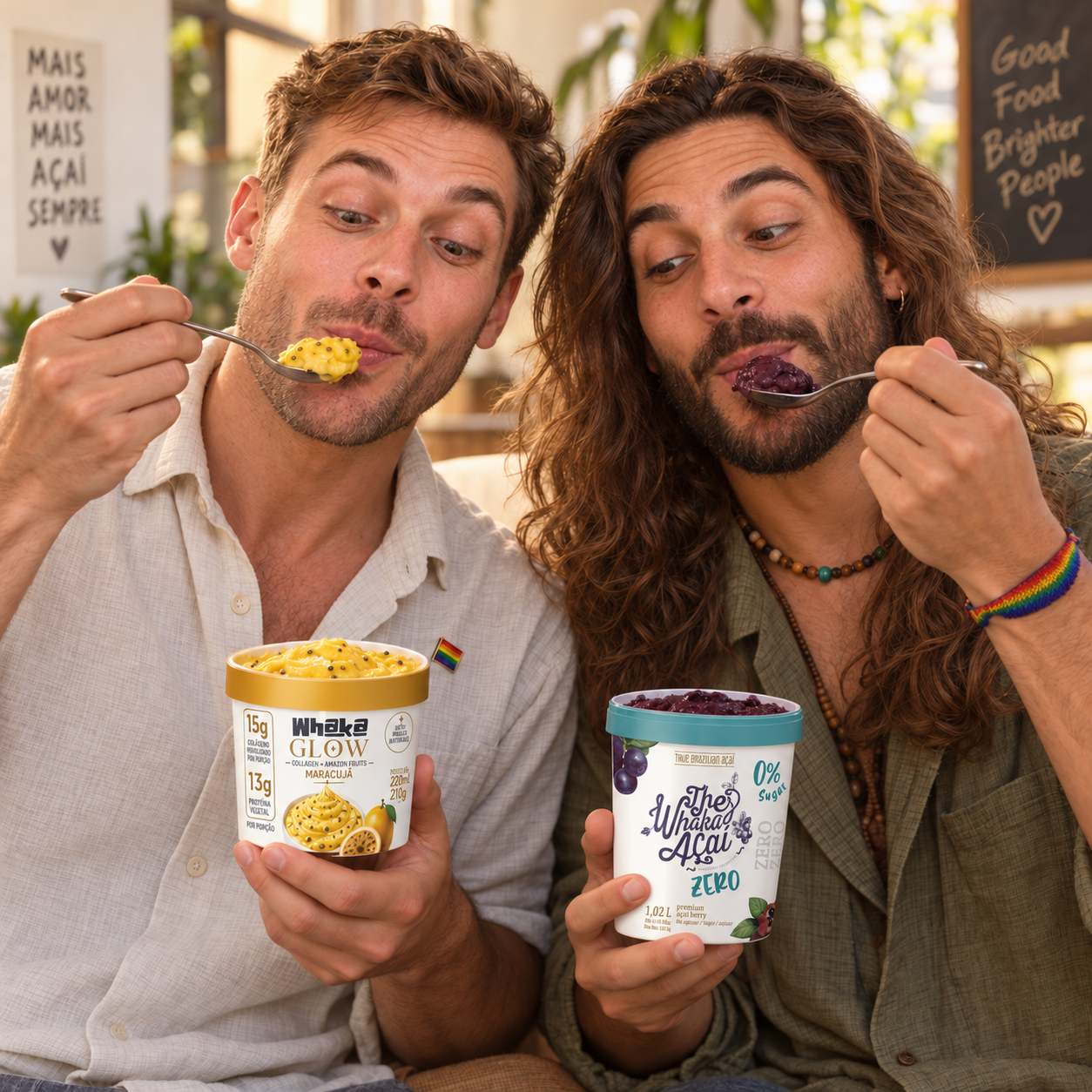 Dois homens com acessórios de arco-íris provam Glow Maracujá e The Whaka Zero, surpresos com o sabor.