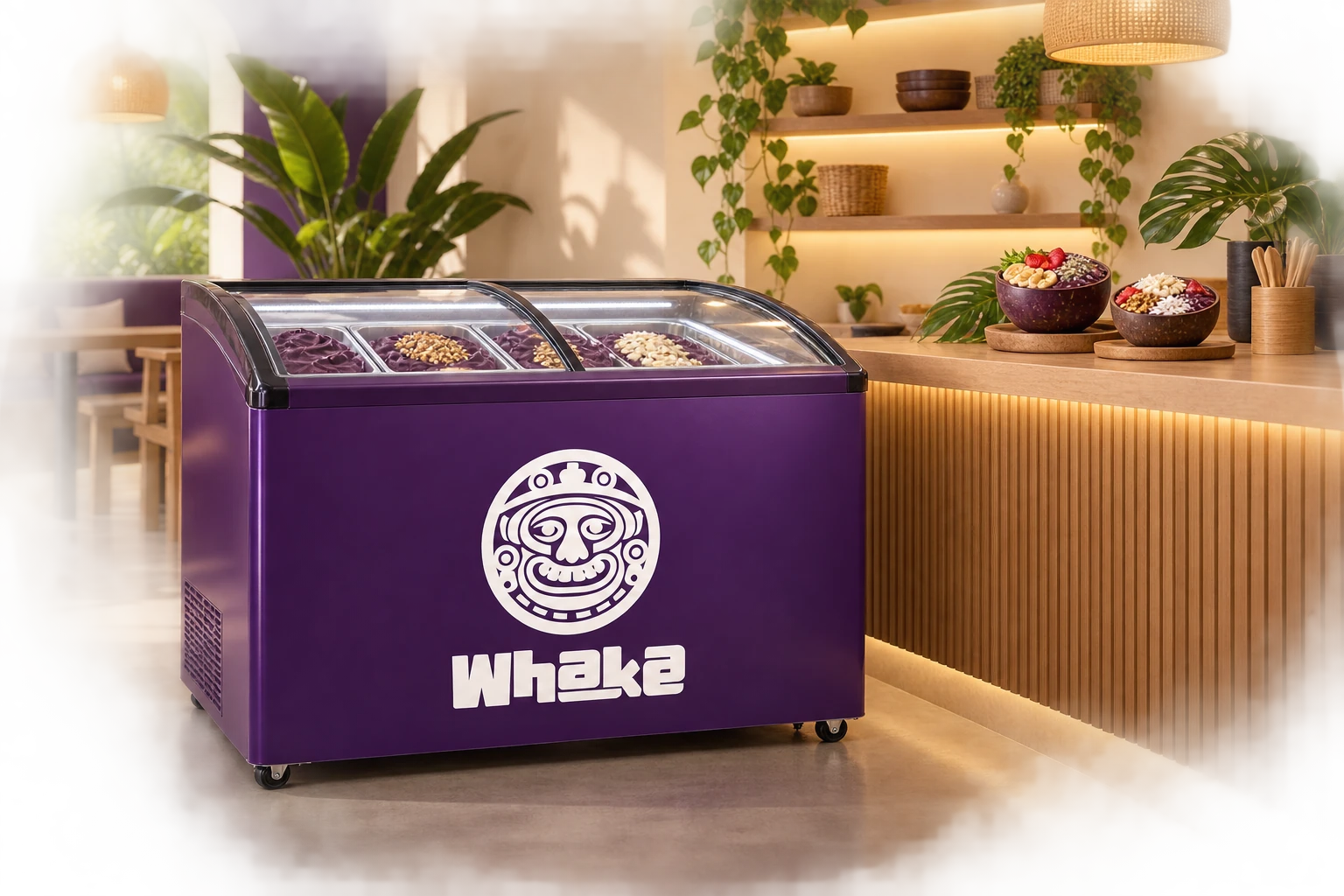 Açaíteria ilustrada com freezer roxo, logotipo Whaka e tigelas de açaí.