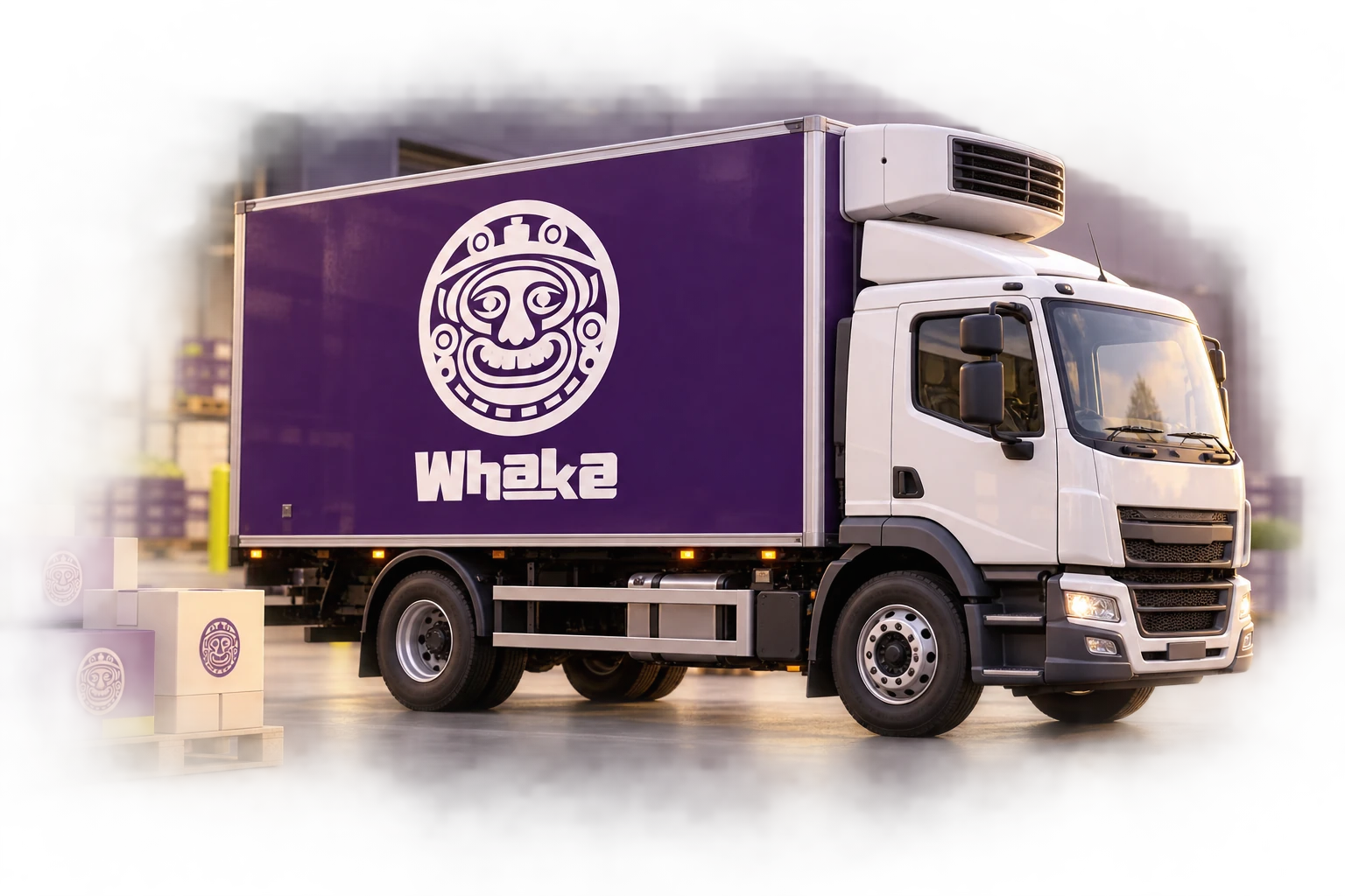 Cena ilustrativa de distribuição refrigerada com caminhão identificado com o logotipo Whaka.