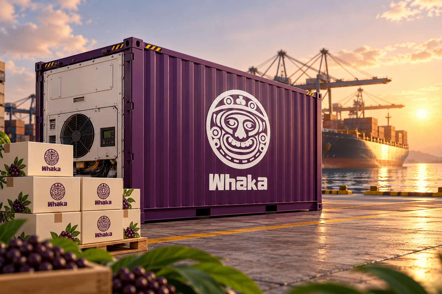 Composição ilustrativa de contêiner refrigerado Whaka em um porto de exportação.