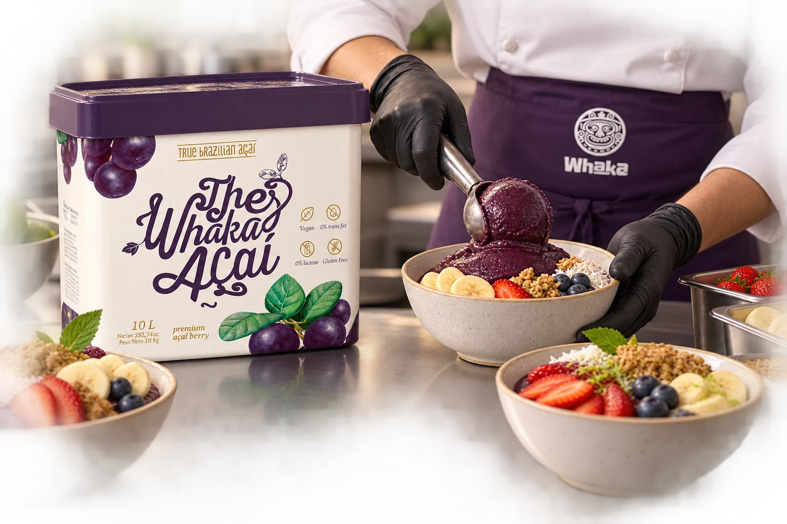Preparo de tigelas em cozinha profissional, com embalagem The Whaka Açaí de 10 litros.