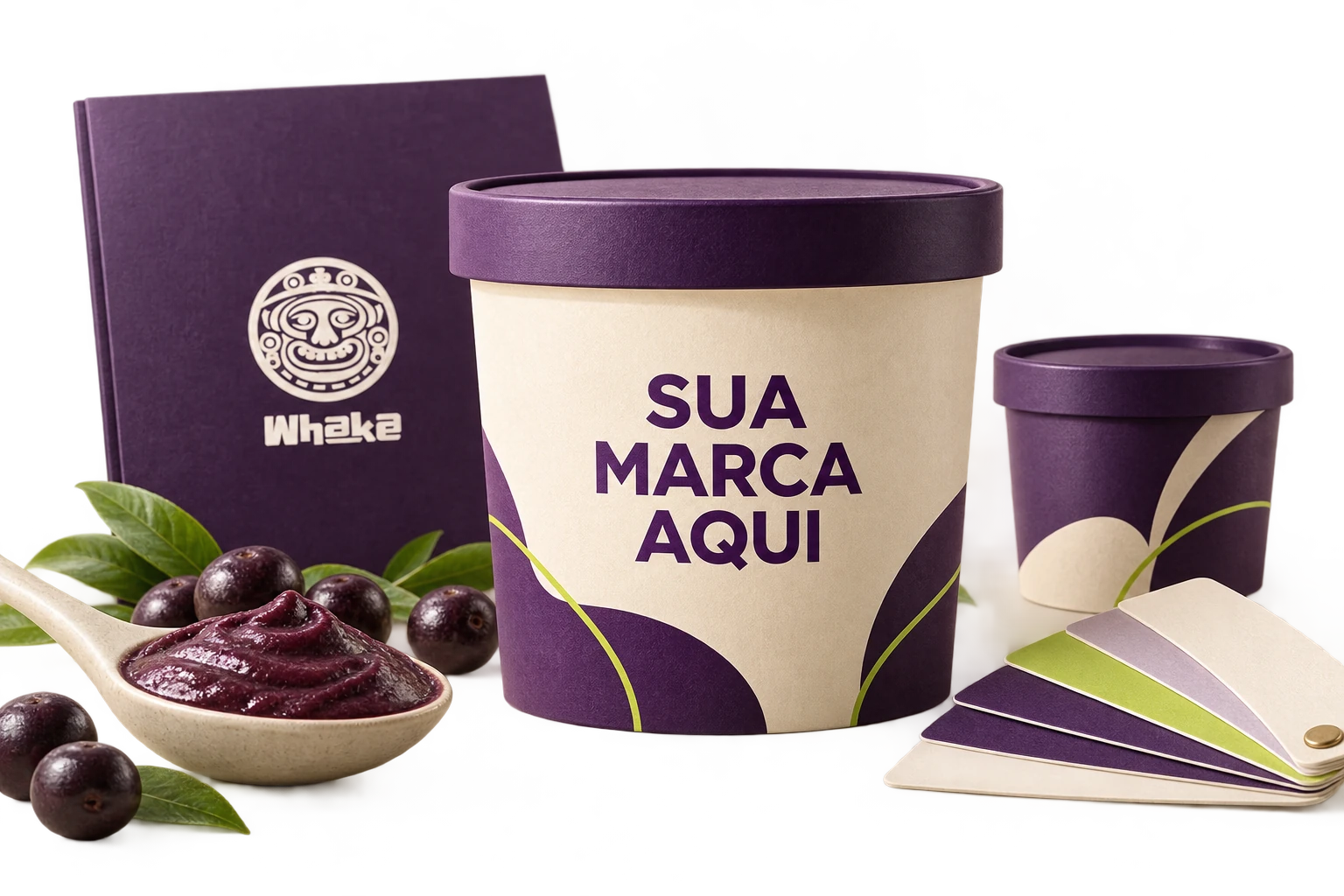 Pote de açaí com tampa roxa e rótulo Sua marca aqui, junto a amostras de cores.